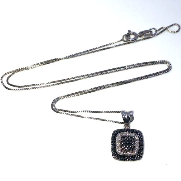 BLACK & White Diamond Sterling Silver Square Pendant w Chain 19” + .7” Total - Picture 4 of 9